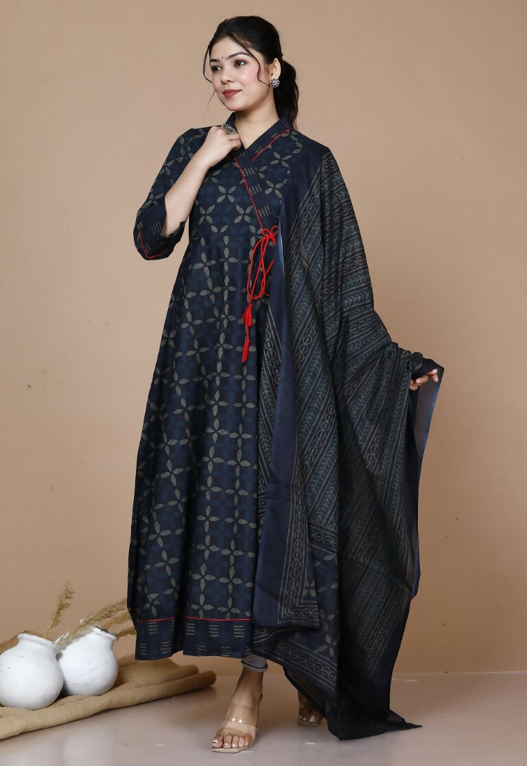 Miravan Women's Abstract Printed & Tasseles Angrakha Kurta With Blue Dupatta Set | Grocsy