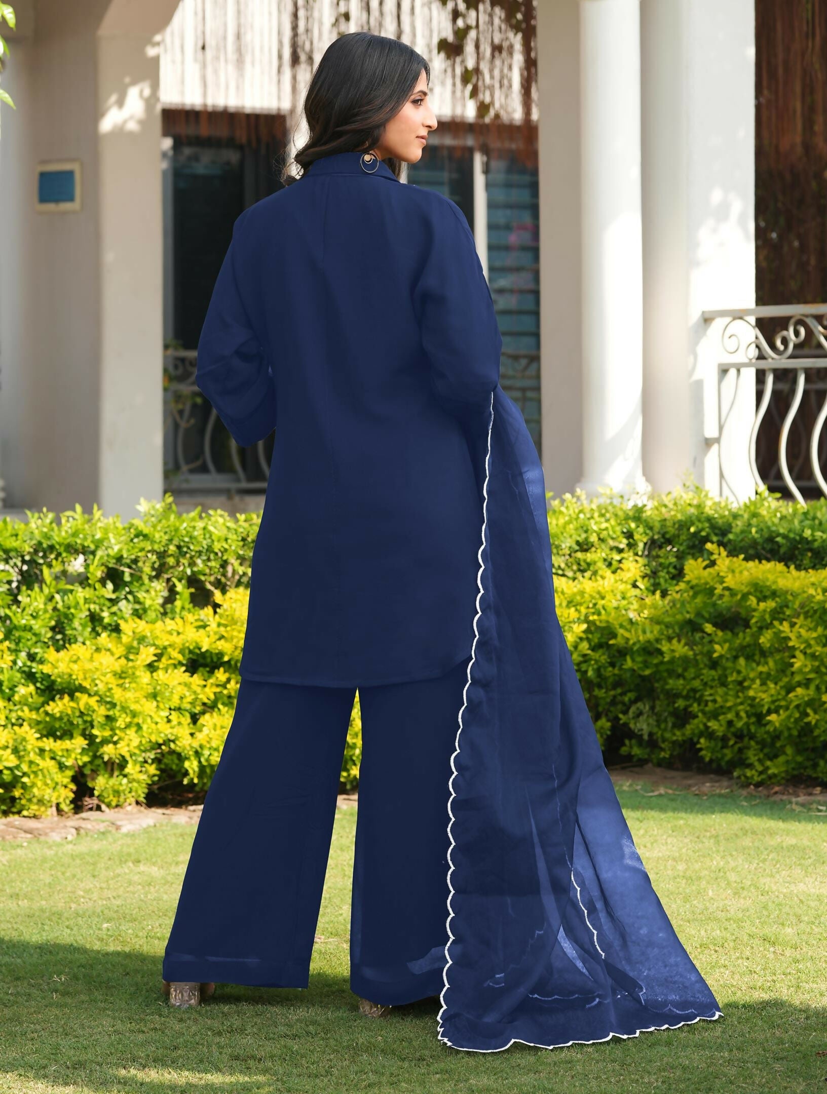 Nikhaar Navy Blue Embroidered Viscose Georgette Stitched Straight Cut Kurta Culottes Dupatta Readymade Suit | Grocsy