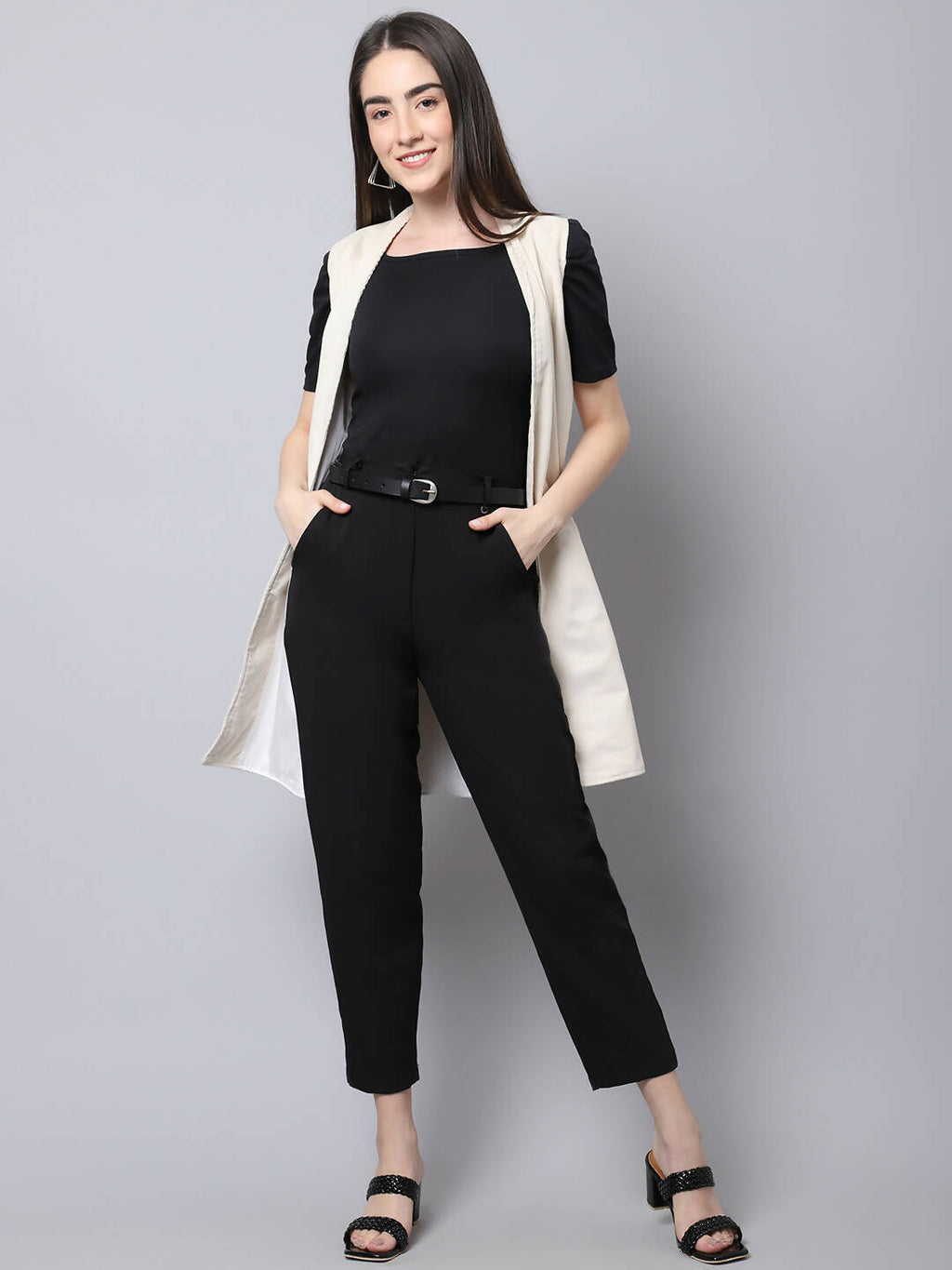 Even Apparels White Polywool Open Front Corduroy Women's Long Coat | Grocsy