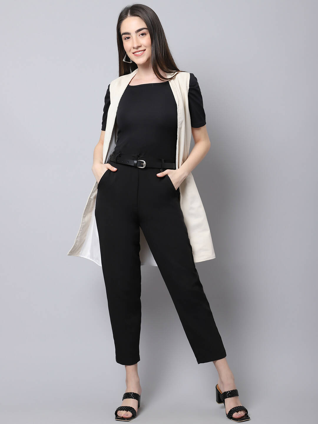 Even Apparels White Polywool Open Front Corduroy Women's Long Coat | Grocsy