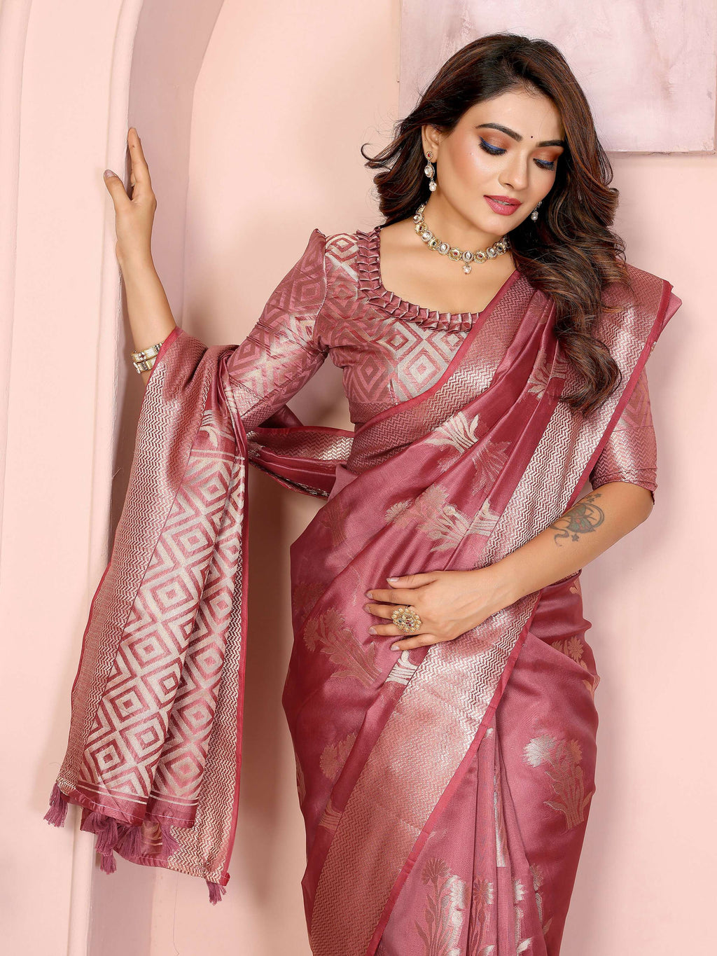 Aastha Fashion Dusty Rose Soft Organza Silk Weaving Saree | Grocsy