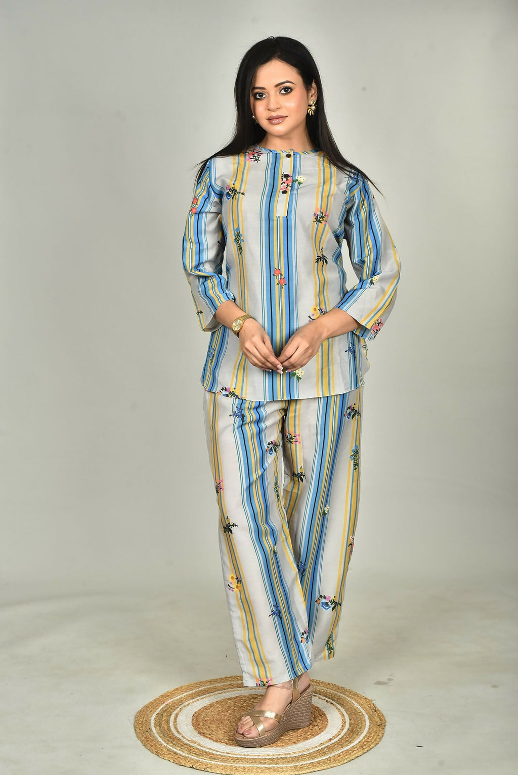 Morchari Digital Print Semi Muslin Co-Ord Set Top & Trouser-Multicolor | Grocsy