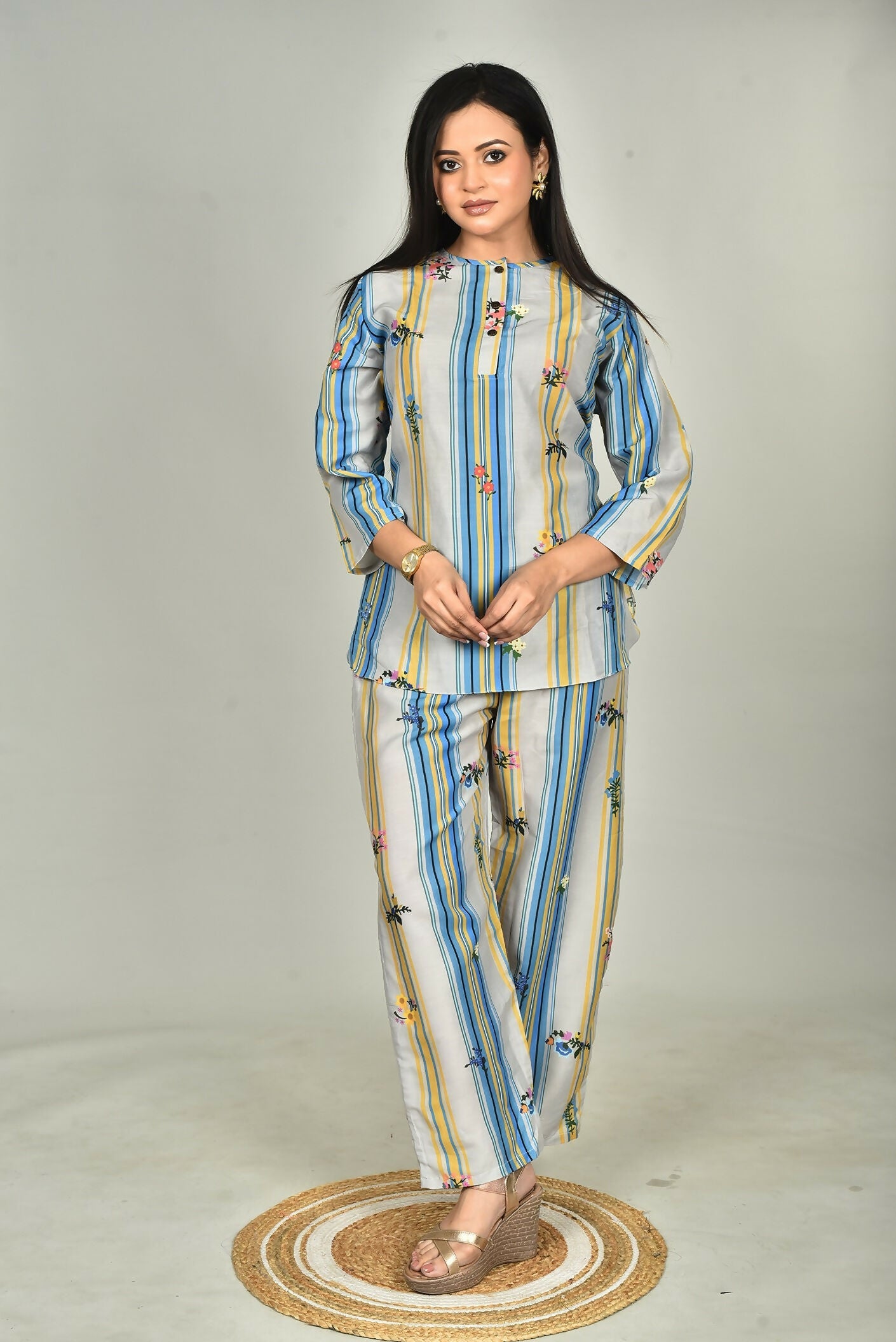Morchari Digital Print Semi Muslin Co-Ord Set Top & Trouser-Multicolor | Grocsy