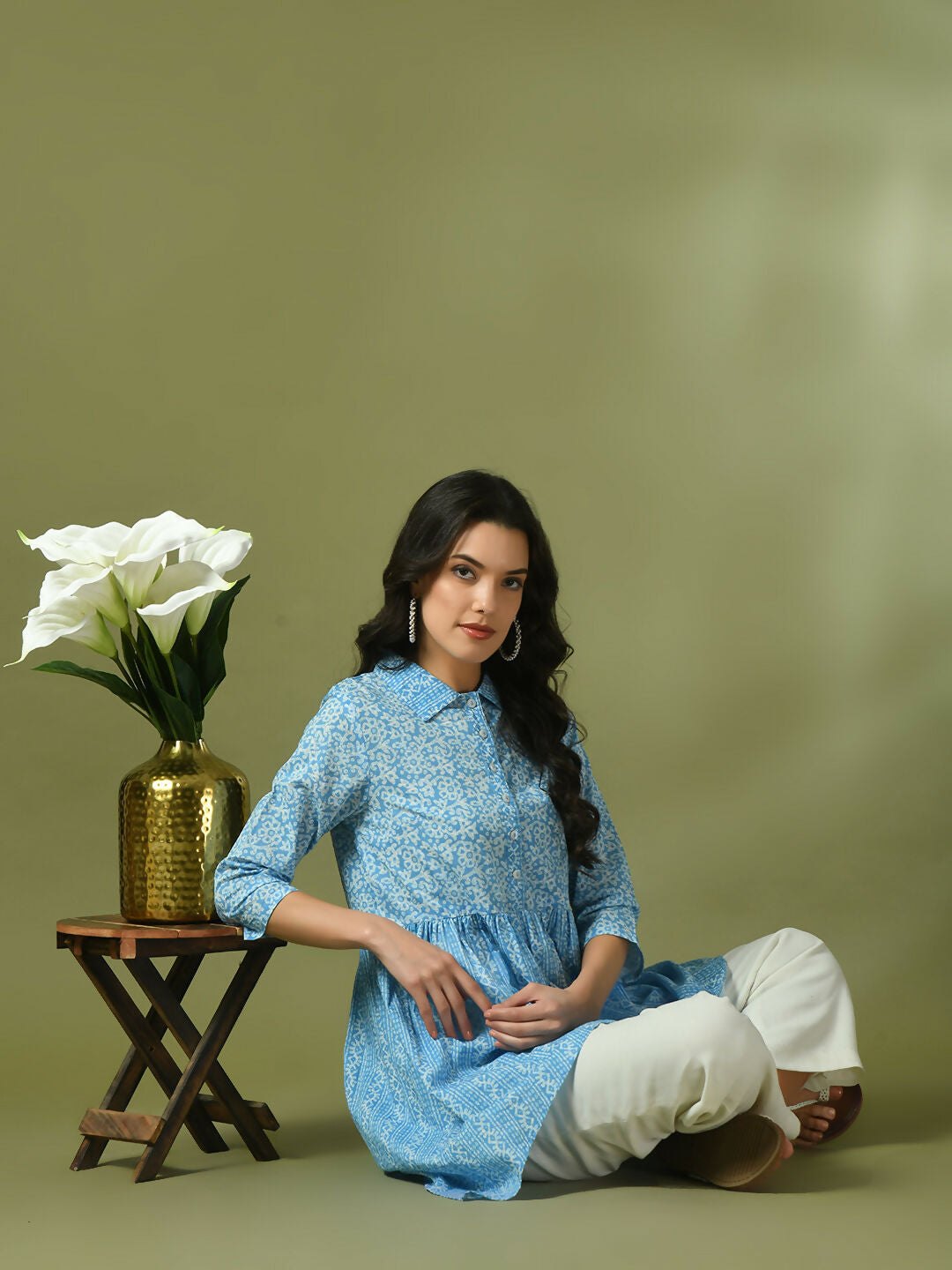 Myshka Women's Blue Embellished Cotton Gathered Party Empire Top | Grocsy