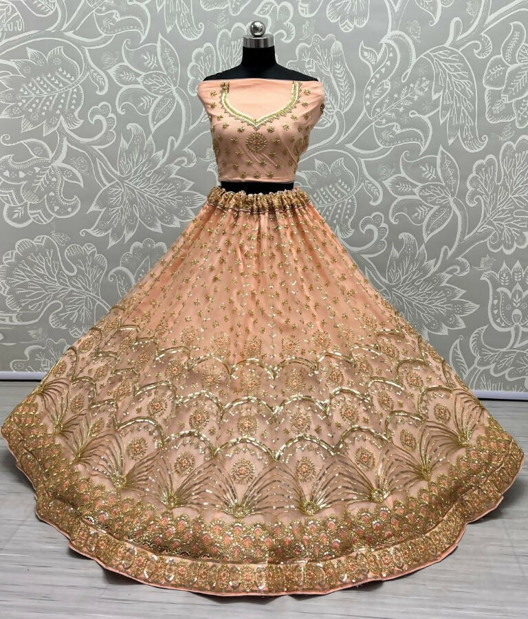 Jyoti Fashion Women's Peach Bridal Net Fancy Sequins with Multi Thread Embroidered & Handwork Wedding Lehenga Choli | Grocsy