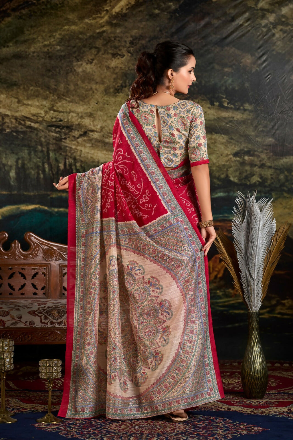 Vastranavya Maroon Silk Madhubani & Bandhej Fusion Print Saree with Unstitched Blouse | Grocsy