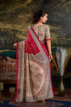 Vastranavya Maroon Silk Madhubani & Bandhej Fusion Print Saree with Unstitched Blouse | Grocsy