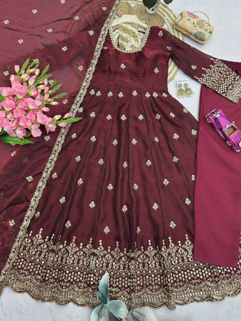 Teeya Creation Womens New Regal Maroon Embroidered Anarkali Gown Set | Grocsy