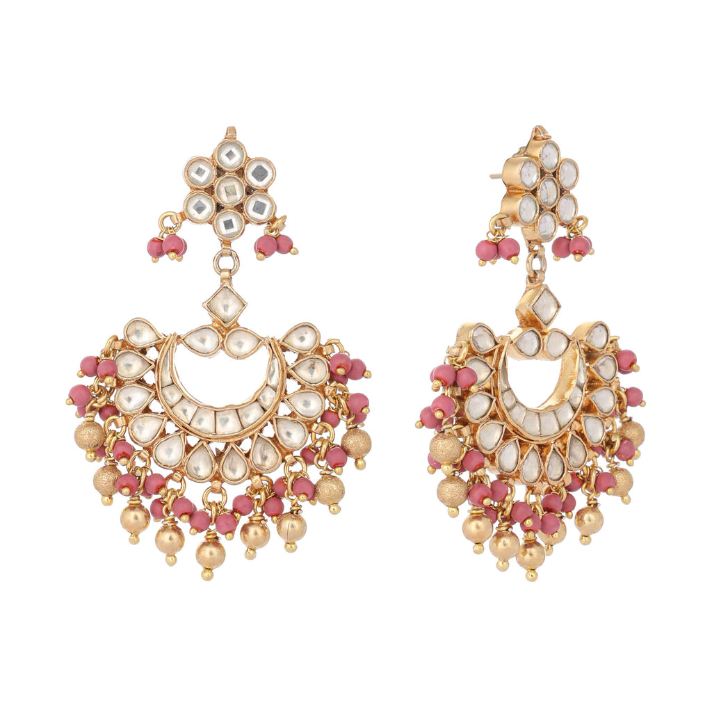 Nuyug 22k Gold-Plated Kundan Chandbali Earrings with Pink Stones | Grocsy