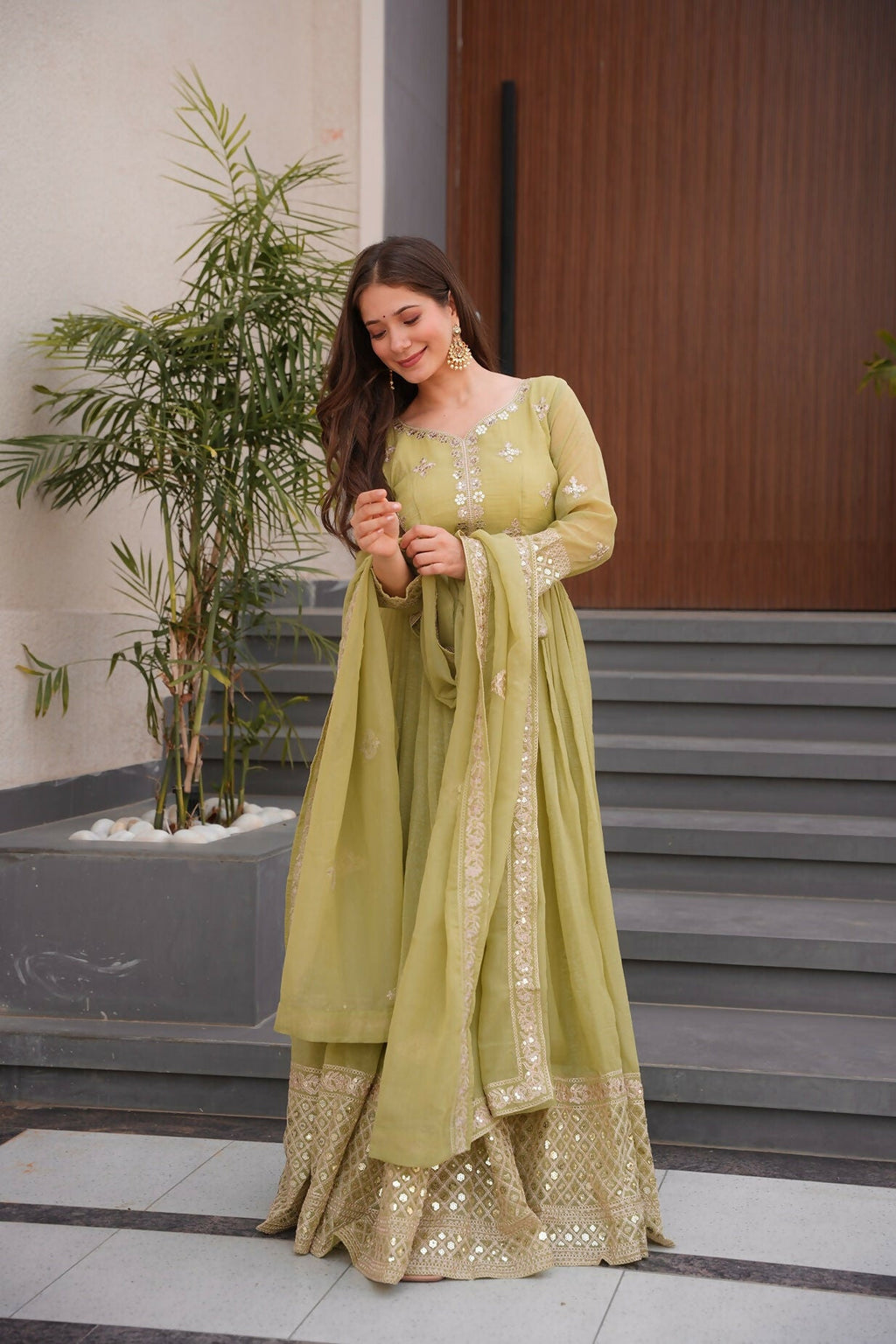 Teeya Creation Olive Color Crunchy Silk Wedding Wear Embroidery Work Long Gown | Grocsy