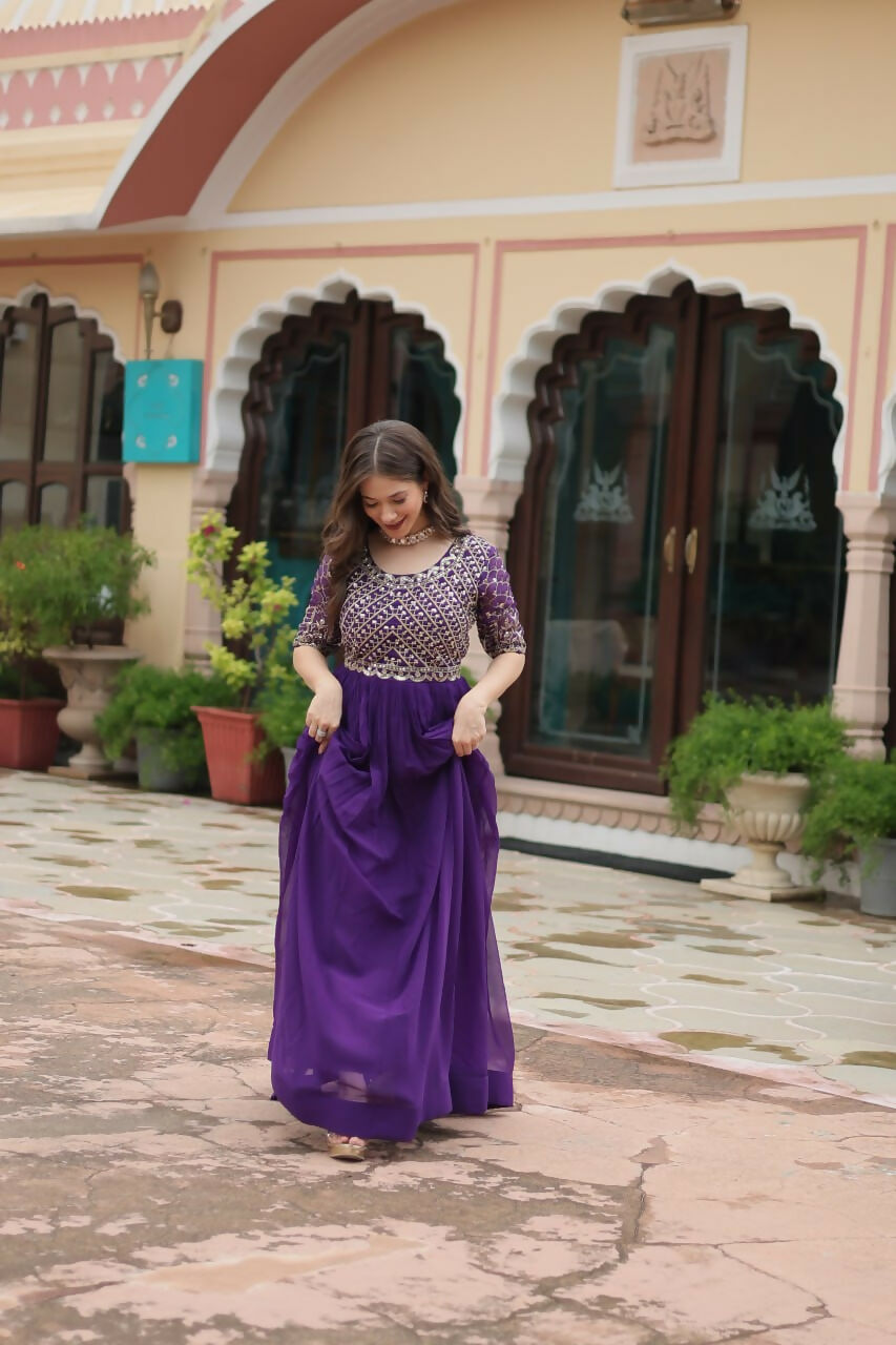 Vastranavya Faux Blooming with Embroidery Zari Sequins-work Gown - Purple | Grocsy