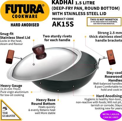 Hawkins Futura Hard Anodised Kadhai 22 cm Diameter with Lid 1.5 L (AK15S) | Grocsy
