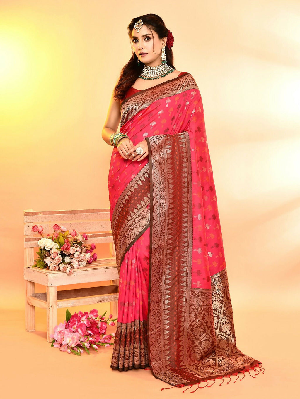 Joban Fashion Rani Pink & Bottle Green Plain With Weaving Border Banarasi Silk Sarees | Grocsy