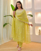 The52 Lemons Women's Beautiful Chikankari Work Chanderi Fabric Straight Kurta Pant and Dupatta Set | Grocsy