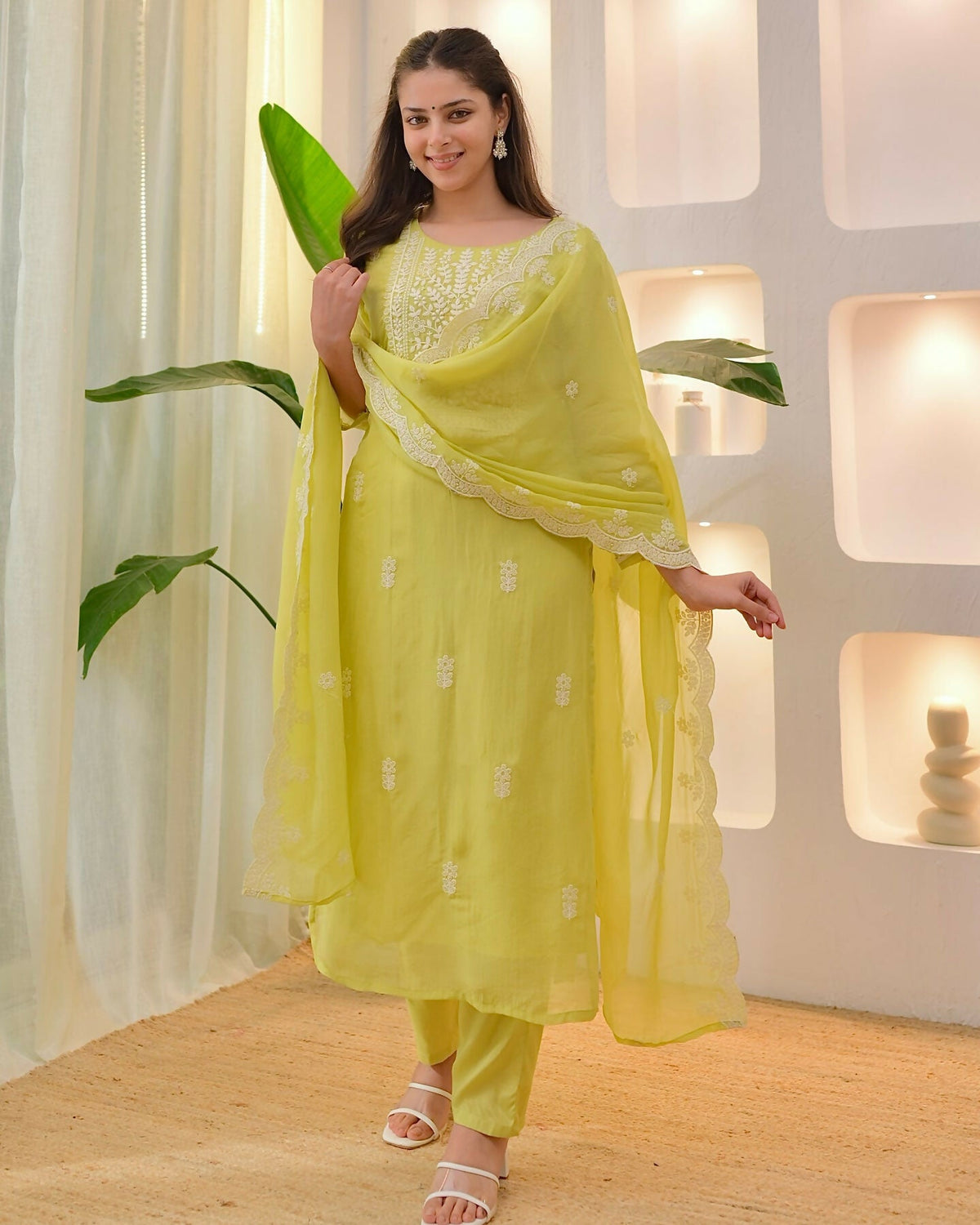 The52 Lemons Women's Beautiful Chikankari Work Chanderi Fabric Straight Kurta Pant and Dupatta Set | Grocsy