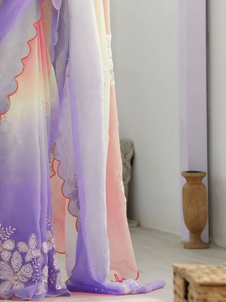 PR Fashion Peach Lavender Gold Crush Embroidery Work Saree | Grocsy