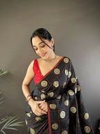 Joban Fashion Black Checked & Circular Motifs Soft Silk Banarasi Saree | Grocsy