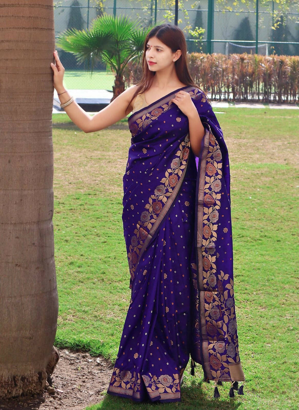 DEIANA'S Beautiful Designer Golden zari Soft Lichi Silk Saree - Purple | Grocsy