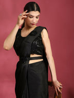 Black Imported Crush Lycra Texture Pattern Ready to Wear Saree with stitched Blouse - Nirvana | Grocsy