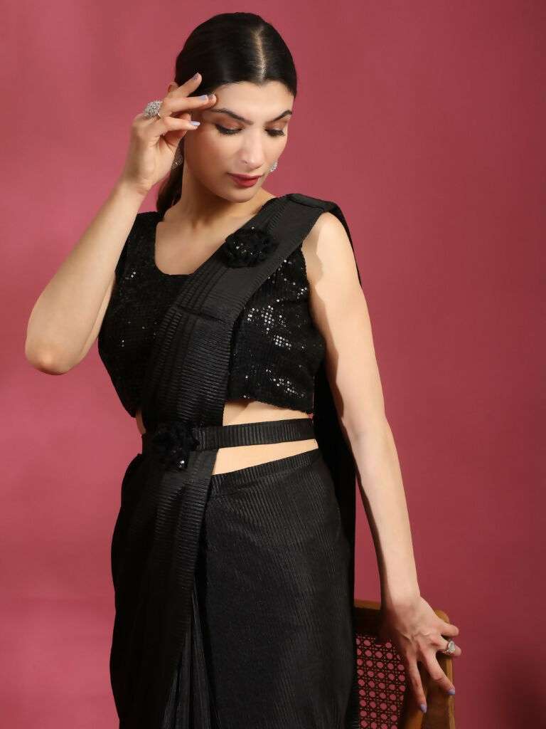 Black Imported Crush Lycra Texture Pattern Ready to Wear Saree with stitched Blouse - Nirvana | Grocsy