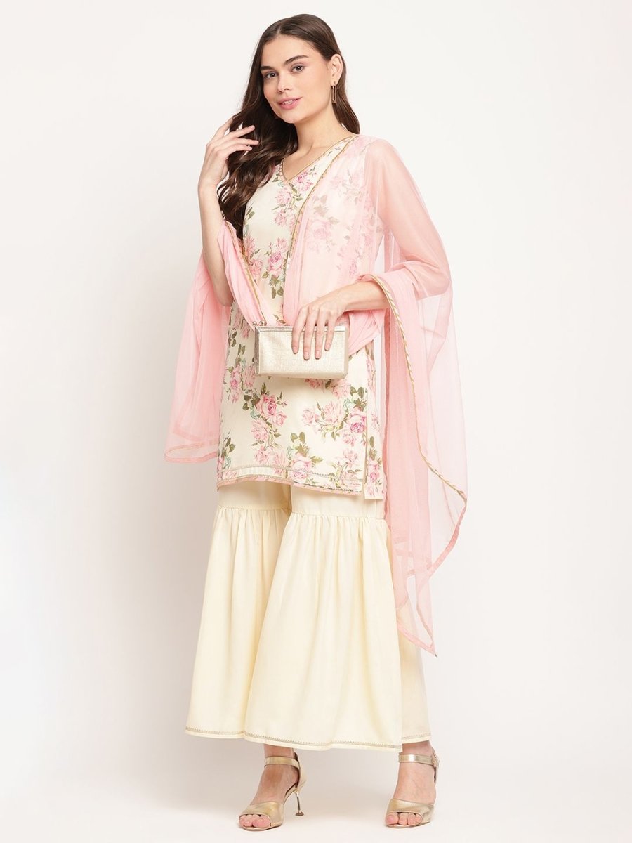 Ahalyaa Women's Beige Crepe Digital Floral Print Kurta Sharara Set with Dupatta | Grocsy