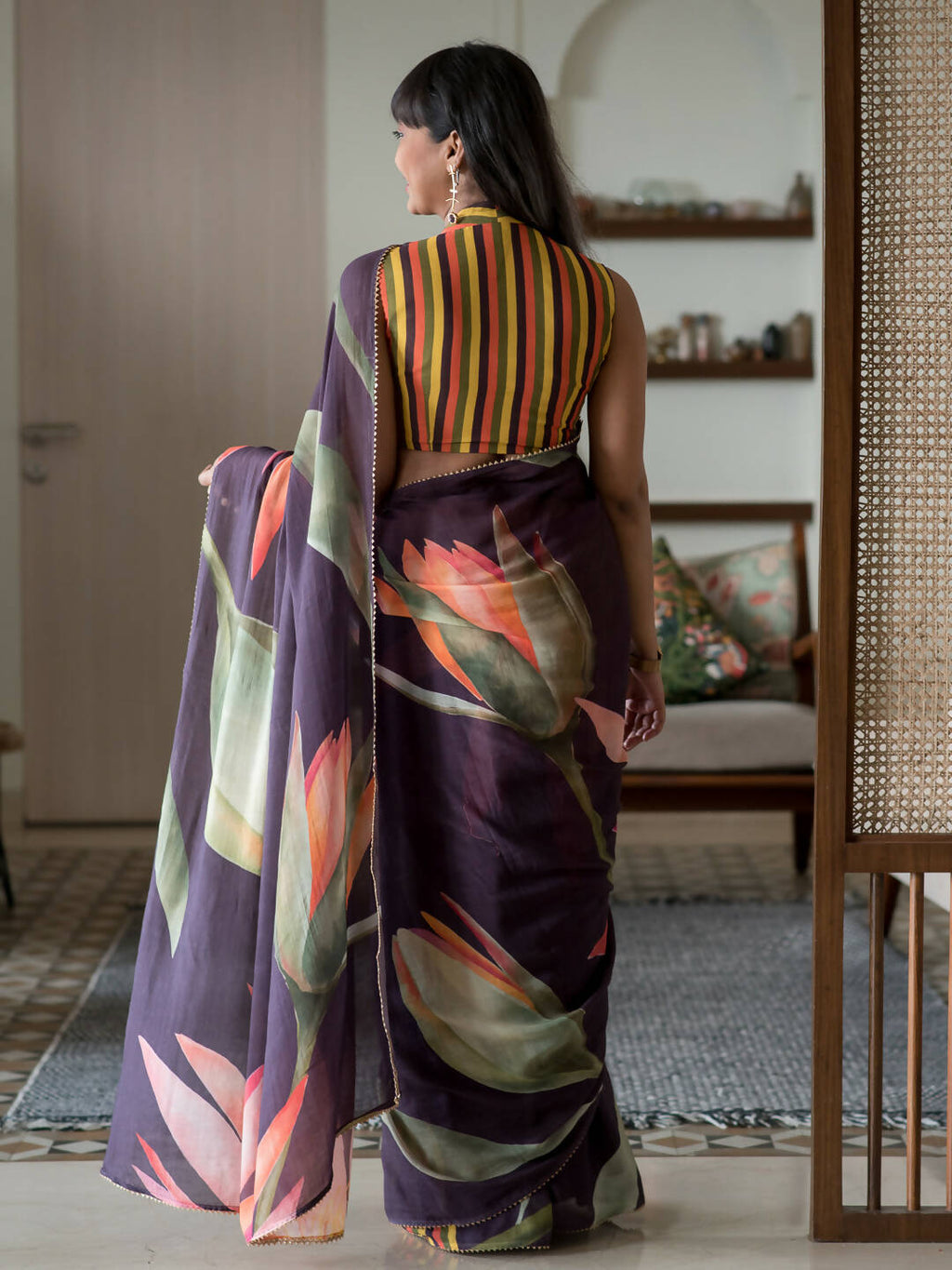 Suta Purple Floral Pure Cotton Saree | Grocsy