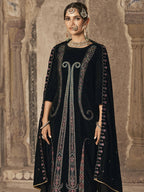 Jyoti Fashion Women's Black Velvet Floral Resham Thread with Jari work Kurta with Trouser & Dupatta | Grocsy