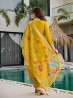 The52 Yellow Women's Gorgeous Embroidered work Viscose Gadhwal Fabric Straight Kurta, Pant and Dupatta Set | Grocsy