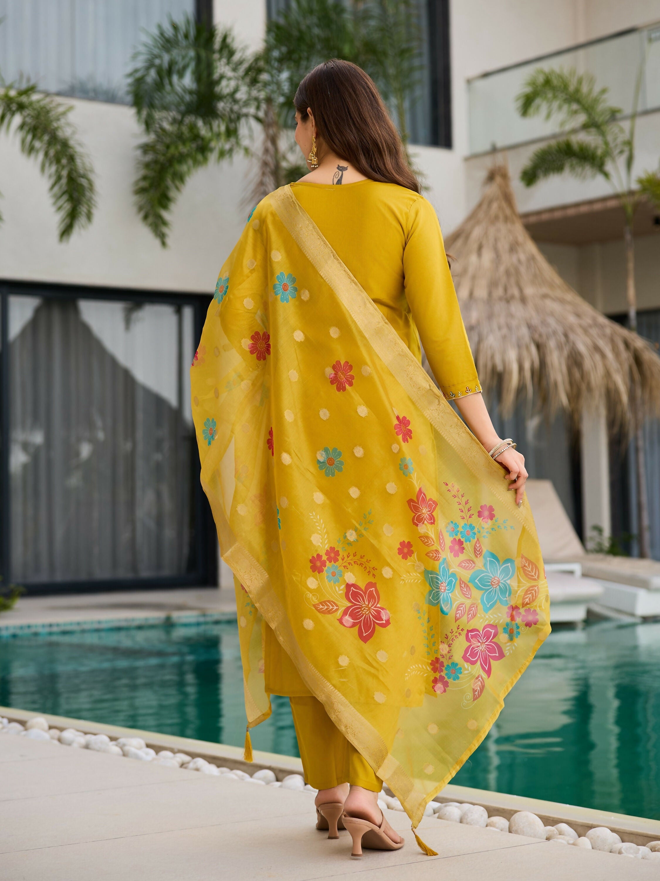 The52 Yellow Women's Gorgeous Embroidered work Viscose Gadhwal Fabric Straight Kurta, Pant and Dupatta Set | Grocsy