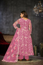 Jyoti Fashion Women's Pink Net Embroidered Anarkali Kurta Pant Set With Dupatta | Grocsy