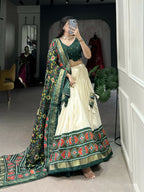 Lorenvalley Offwhite and Green Tussar Silk Patola Print Lehenga Choli | Grocsy