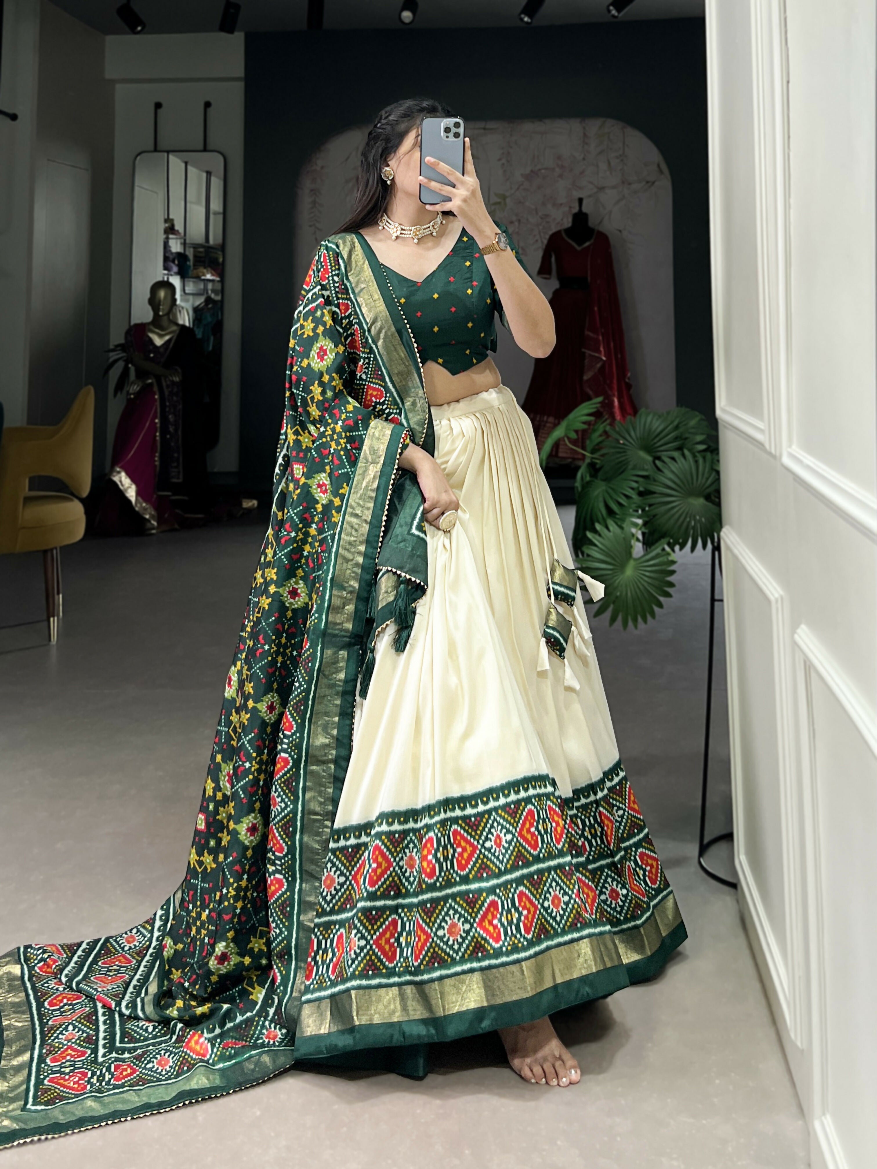 Lorenvalley Offwhite and Green Tussar Silk Patola Print Lehenga Choli | Grocsy