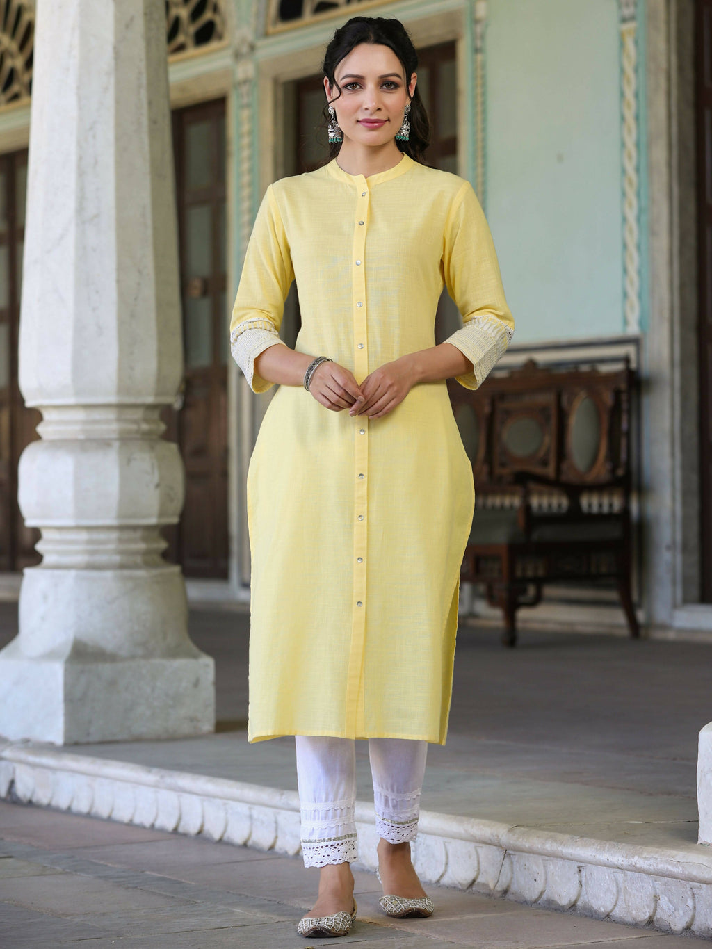Juniper Women's Yellow Cotton Slub Embroidered Straight Kurta | Grocsy