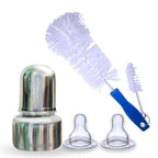Goodmunchkins Stainless Steel Feeding Bottle with Anti Colic Silicone Nipple/Bottle Cleaning Nylon Brush (75ml, Blue) | Grocsy