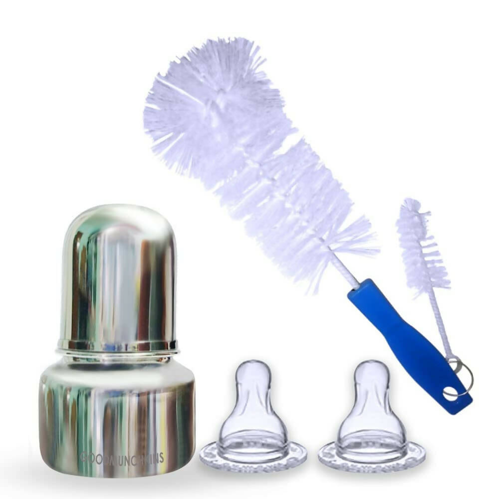 Goodmunchkins Stainless Steel Feeding Bottle with Anti Colic Silicone Nipple/Bottle Cleaning Nylon Brush (75ml, Blue) | Grocsy