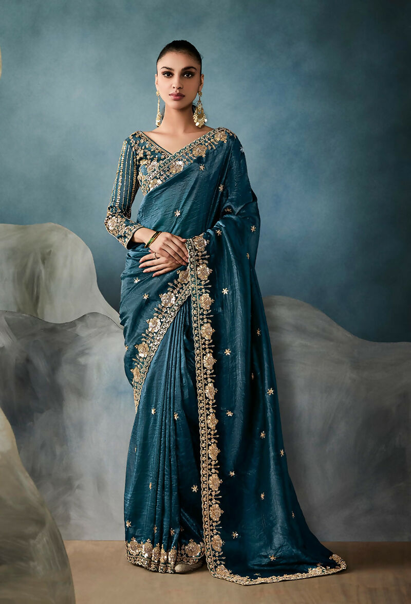 Monjolika Fashion Teal Tissue Embroidered Sequins And Zari Work Saree | Grocsy