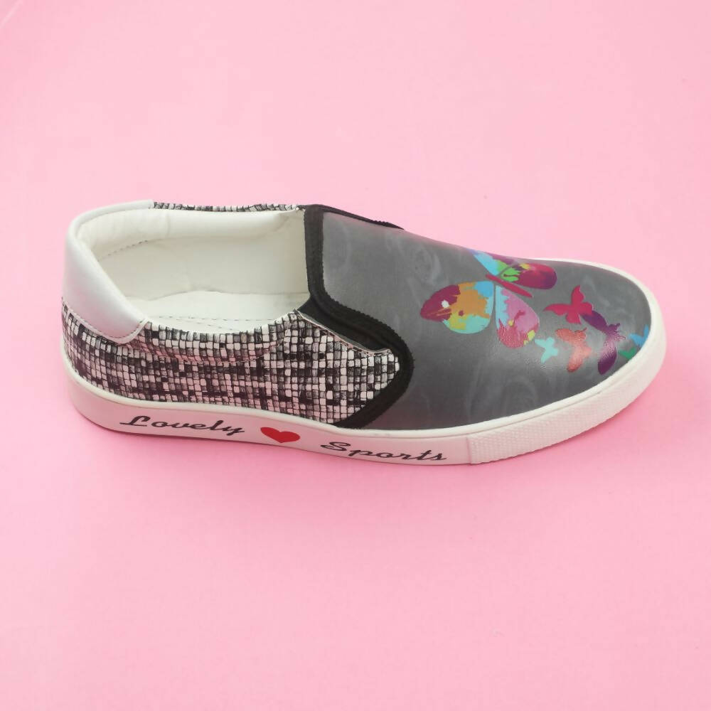 Tiny Bugs Girls Butterfly Print Slip Ons Sneakers - Dark Grey | Grocsy