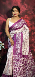 Exclusive Collection Beautiful Batique Print Magenta Pure Cotton Hand Print Handloom Saree With Running Blouse Piece | Grocsy