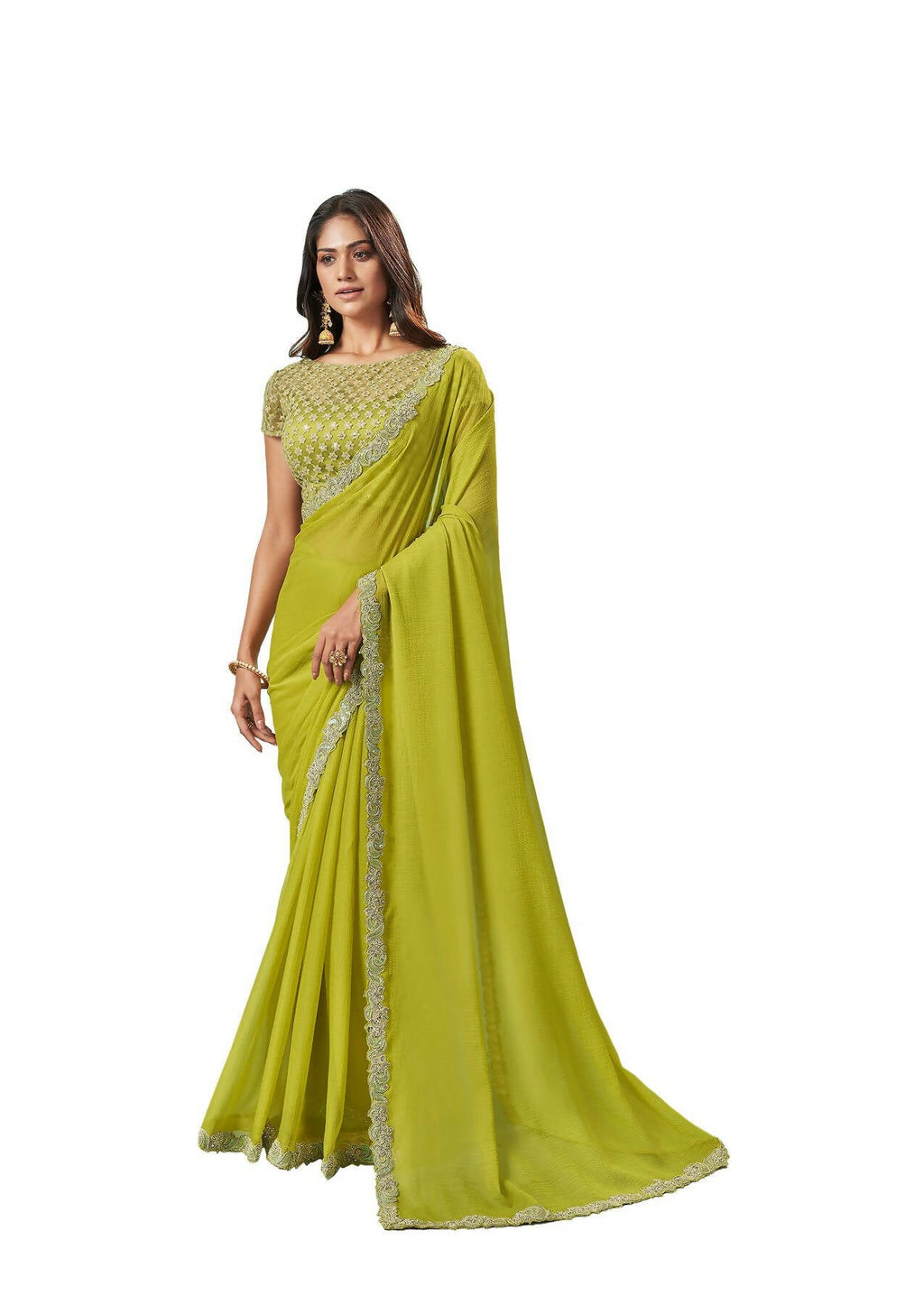 Green Barbarie Chiffon Solid Saree With Unstitched Blouse Piece - Norita Ikshita | Grocsy