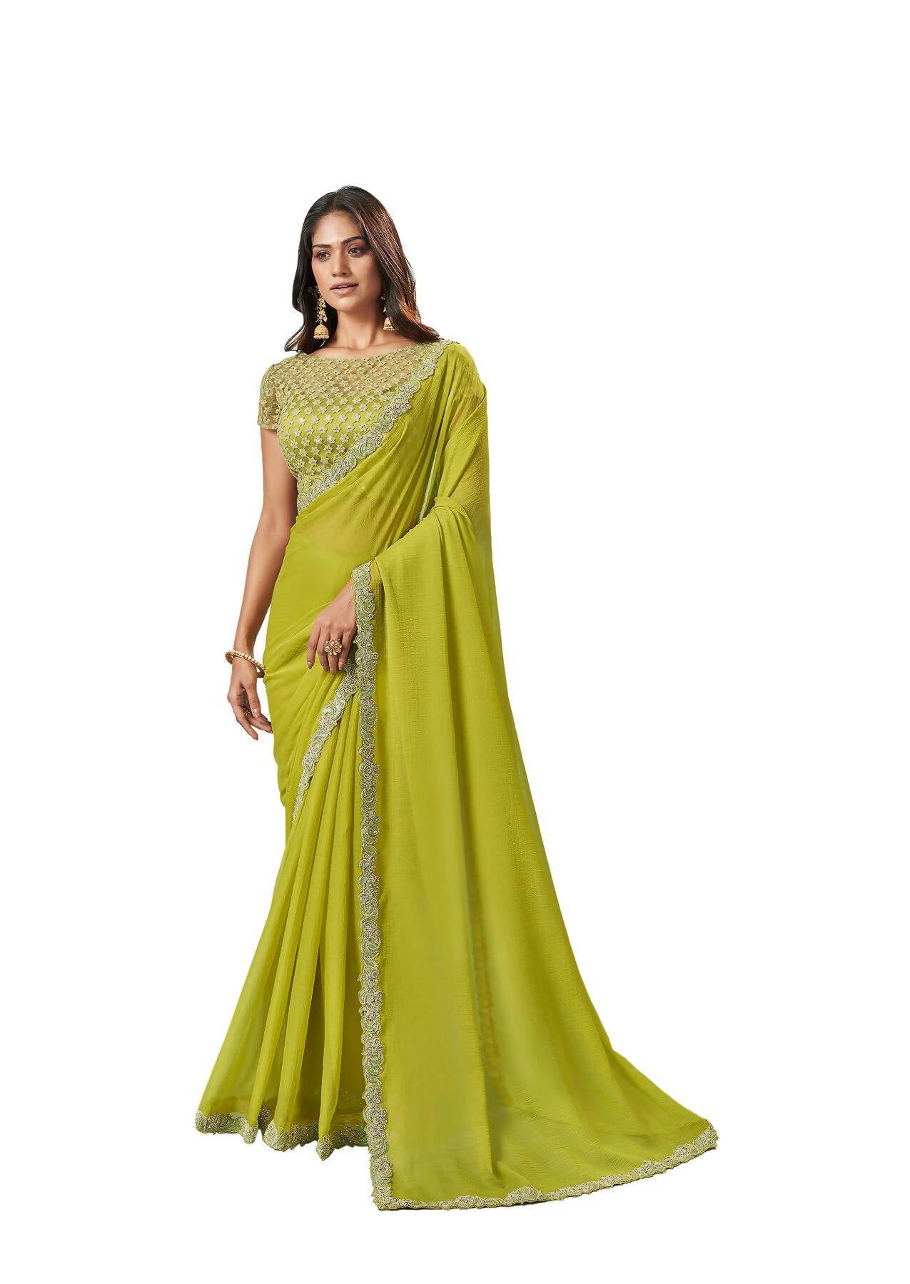 Green Barbarie Chiffon Solid Saree With Unstitched Blouse Piece - Norita Ikshita | Grocsy