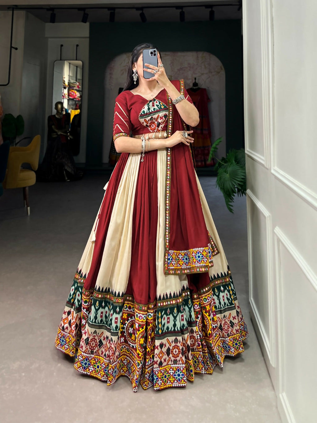 Vastranavya Navaratri Special Rayon with Printed Patch With Gota Patti And Paper Mirror Work And Cowrie (Kodi) Lace Touch Up Lehenga with Stitched Blouse - Off White | Grocsy