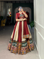 Vastranavya Navaratri Special Rayon with Printed Patch With Gota Patti And Paper Mirror Work And Cowrie (Kodi) Lace Touch Up Lehenga with Stitched Blouse - Off White | Grocsy