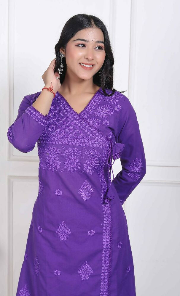 Miravan Womens Purple Floral Printed Angrakha Style Kurta With Palazzo | Grocsy