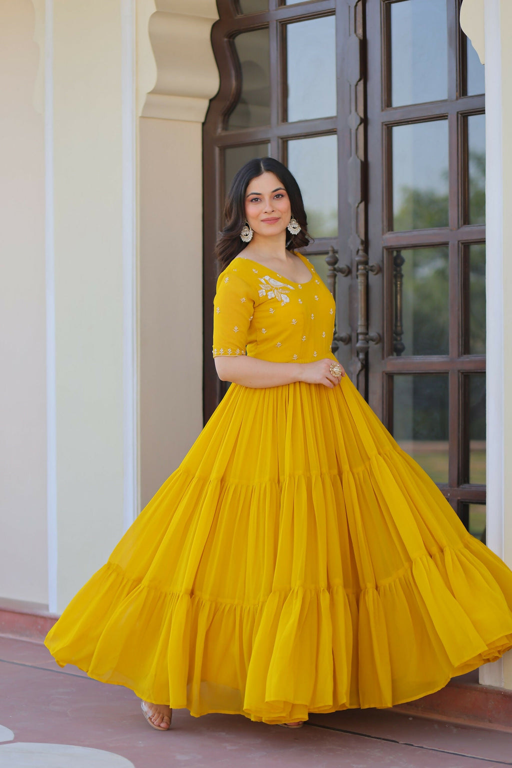Joban Fashion Yellow Georgette Sequence Embroidery Work Gown | Grocsy