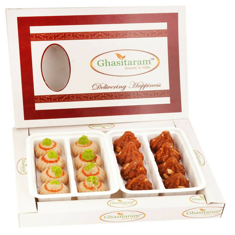 Ghasitaram White Box of Dodha Barfi and Kaju Modaks | Grocsy