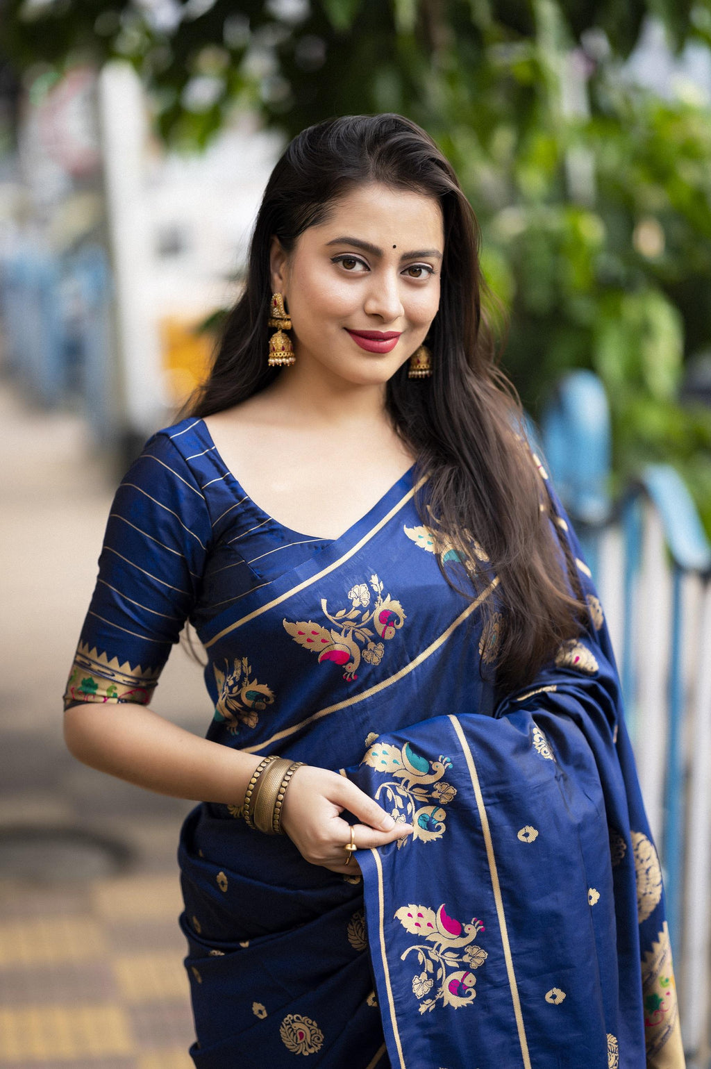 Navy Blue Pure Silk Woven Design Saree with Unstitched Blouse - A2M | Grocsy