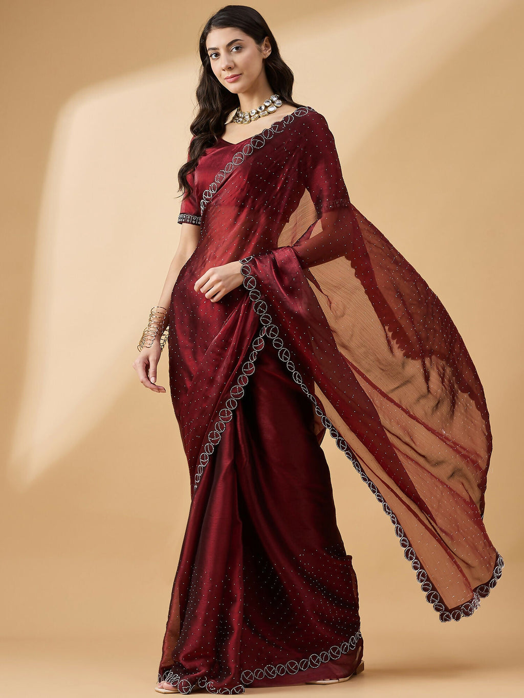 Brown Organza Swaroski Diamond Work Saree with Unstitched Blouse - Radha | Grocsy