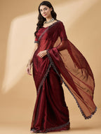 Brown Organza Swaroski Diamond Work Saree with Unstitched Blouse - Radha | Grocsy