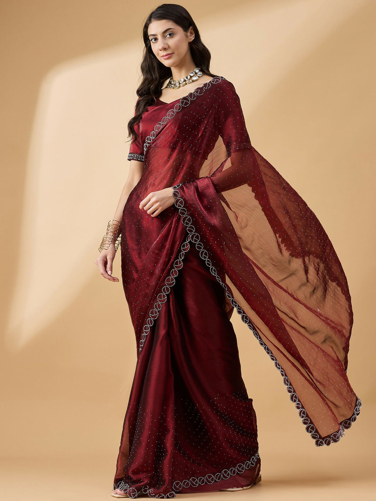 Brown Organza Swaroski Diamond Work Saree with Unstitched Blouse - Radha | Grocsy