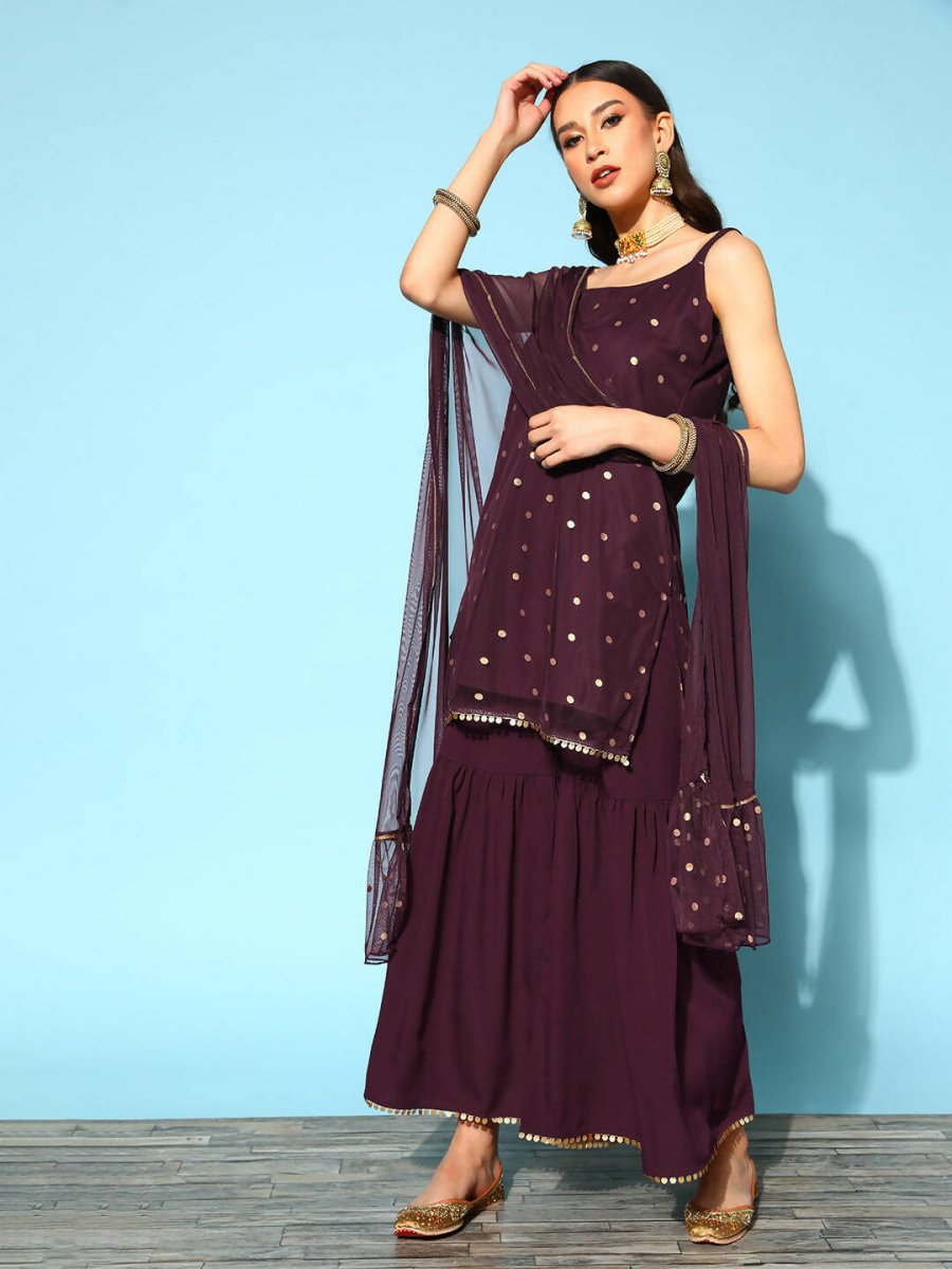 Ahalyaa Women Wine Colour Crepe Gold Printed Kurta Sharara Set | Grocsy